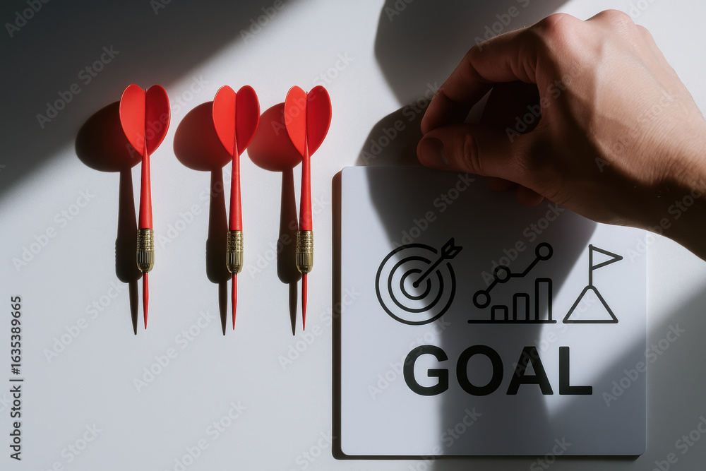 Aufkleber agile hand holding card with goal concept near three red darts on white surface in focused setting f