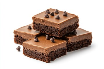 Chocolate Brownie Indulgence: A close-up shot of decadent chocolate brownies, rich with a creamy topping, garnished with chocolate chips. An irresistible treat for chocolate lovers.