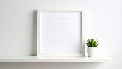 Minimalist White Frame Mockup with Succulent on Shelf Clean Aesthetic.