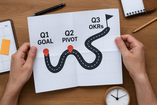 Agile goal setting concept with winding roadmap showing progress from Q1 goal through Q2 pivot to Q3 OKRs for strategic planning