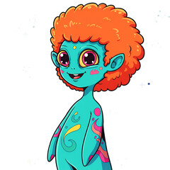 Cartoon Alien Illustration With Blue Skin and Curly Orange Hair