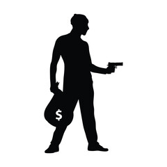 Silhouette of Armed Person Holding Gun and Money Bag 