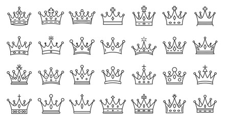A set of twenty-eight different royal crown icons, illustrated in a simple black and white line art style.