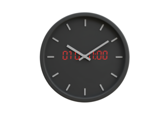 Black Wall Clock Illustration with Red Digital Display against Transparent Background