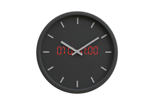 Black Wall Clock Illustration with Red Digital Display against Transparent Background