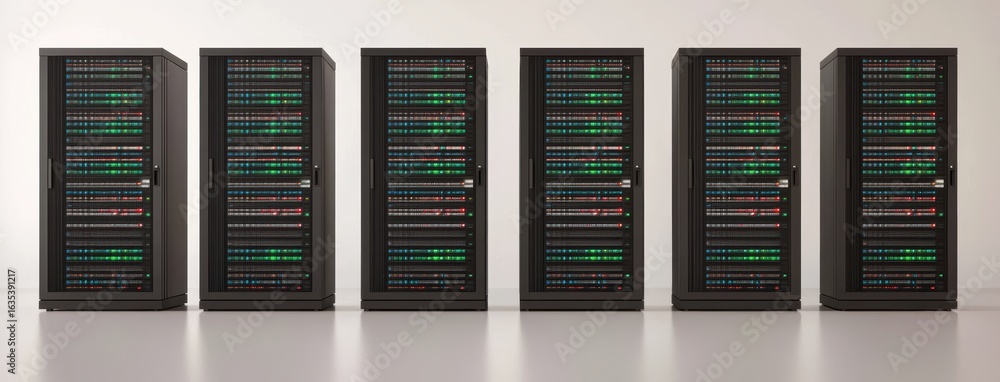 Poster modern data center with multiple server racks and colorful lights