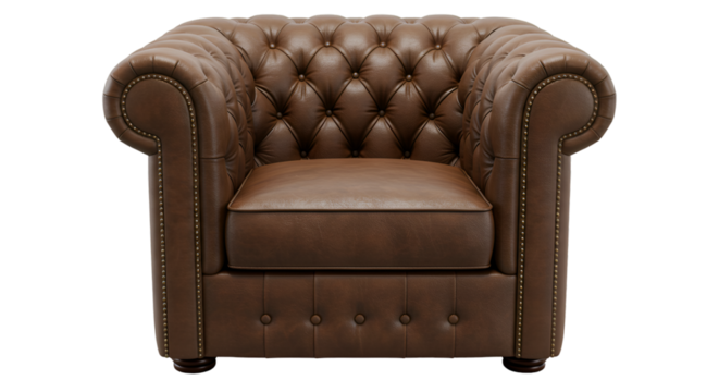 Brown Leather Upholstered Armchair Isolated on Transparent Background Photo