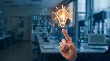 Innovator dilemma concept with hand pointing glowing light bulb symbolizing innovation creativity business idea modern office environment inspiring