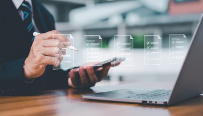Modern business professional using a checklist on a phone for project management and task completion