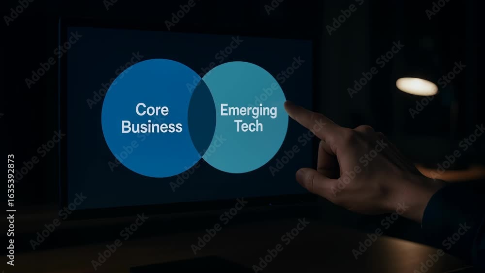 Poster innovator dilemma concept with core business and emerging tech circles screen highlighting challenge