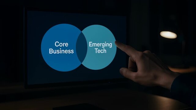 Innovator dilemma concept with core business and emerging tech circles screen highlighting challenges balancing innovation and technology dark office