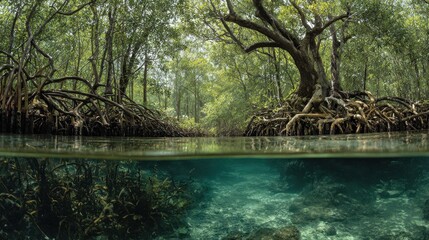 Mangrove forest waterway, underwater view, tropical ecosystem, conservation