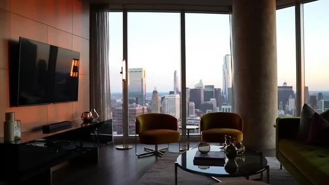Modern urban living room with city skyline view at sunset, showcasing stylish furniture and decor