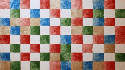 Fototapeta premium Colorful Watercolor Pattern with Red, Green, Blue, and Beige Squares on White Background in Geometric Arrangement for Creative Projects