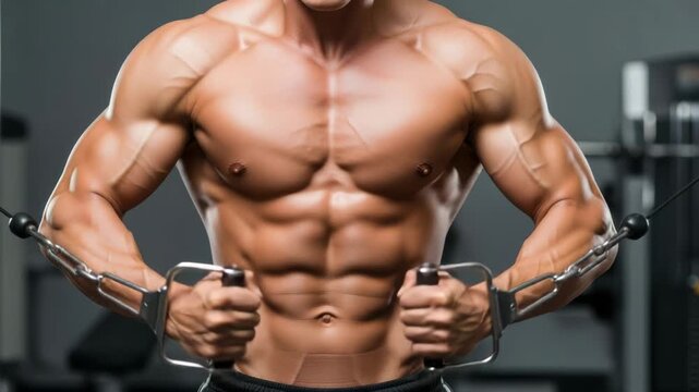 A muscular man is performing a chest exercise with a cable machine in a gym, showcasing his welldefined muscles and physique