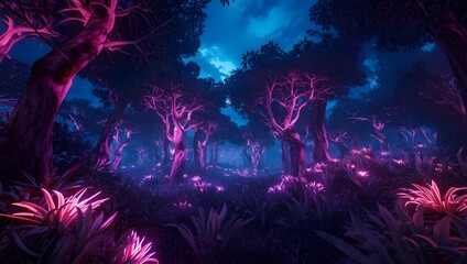 Obraz premium Hyperrealistic Neon Fantasy Forest at Night with Glowing Purple Trees and Luminous Pink Plants under a Vibrant Blue Sky, Futuristic Sci-Fi Landscape with Magical Lighting and Mystical Atmosphere
