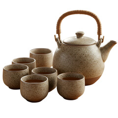 Ceramic Tea Set on Isolated Background with Brown Cups and Teapot