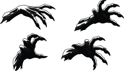 Dark monster claws illustration, scary creature hand pose set, horror spooky hands artwork, black demon fingers, Halloween fear element, creepy vector graphic clipart

Art & Illustration