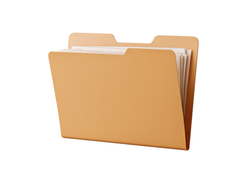 A light beige folder with stacked white papers inside.  The folder is 3D rendered, appearing slightly glossy