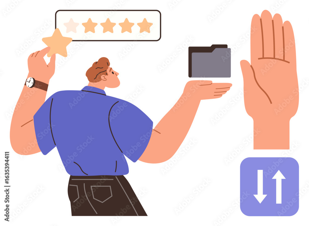 Poster man holding a star near a rating scale, folder, palm gesture, and arrows for sorting. ideal for feed