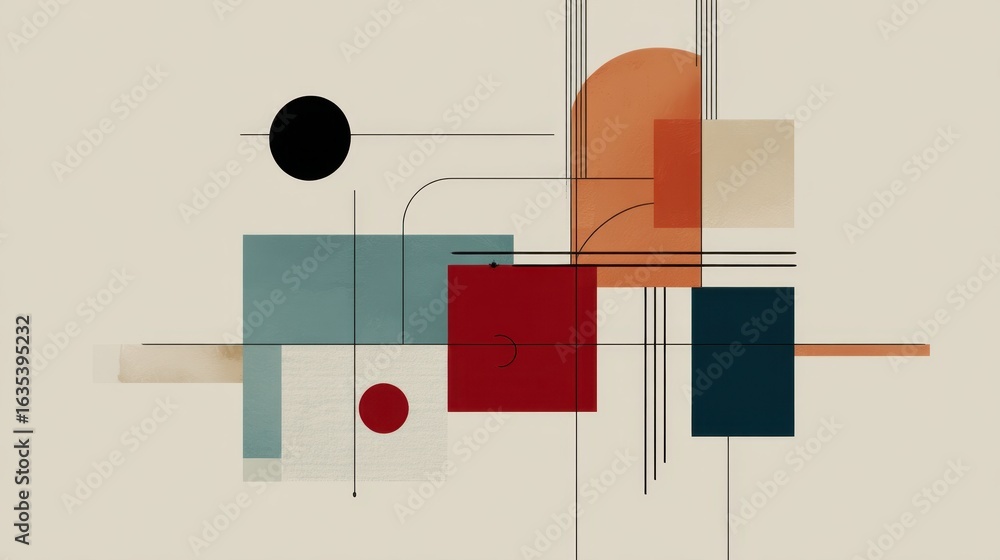 Poster abstract geometric composition featuring shapes in muted tones, emphasizing contrast and balance wit