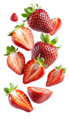 flying strawberries fruit and half slices isolated on transparent white background, clipping path