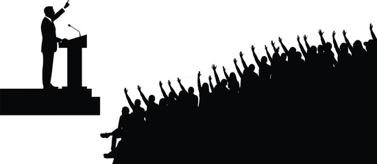 Fototapeta premium Public speaker addressing audience, motivational speech at conference, people raising hands in agreement, seminar or lecture presentation, leadership and communication in professional event 