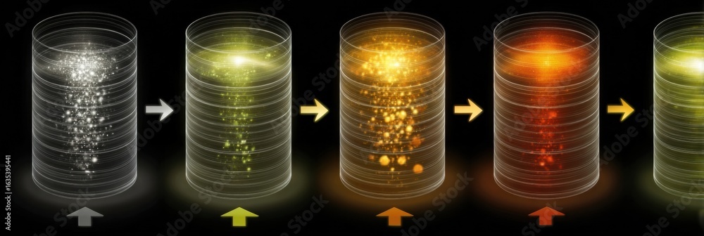 Poster visualization of particle interaction process through various stages of energy transformation and pr
