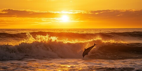 A golden sunset over the sea, with a dolphin jumping through the waves