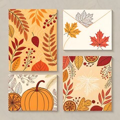 Autumnal greeting cards and envelopes with fall foliage and pumpkins