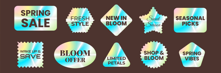 Set of holographic stickers. Spring sale. Soft pastel holographic labels different shapes mint pink gradients elegant fonts. Vector illustration for beauty fashion spring marketing campaign