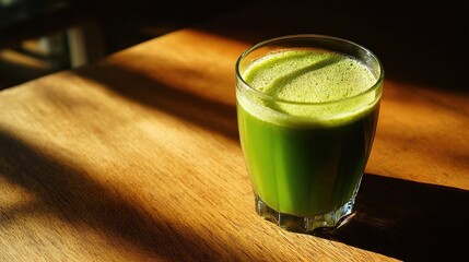 Refreshing Green Smoothie in Glass on Wooden Table with Natural Light Highlighting Textures and Shadows for Healthy Lifestyle and Nutrition Concept