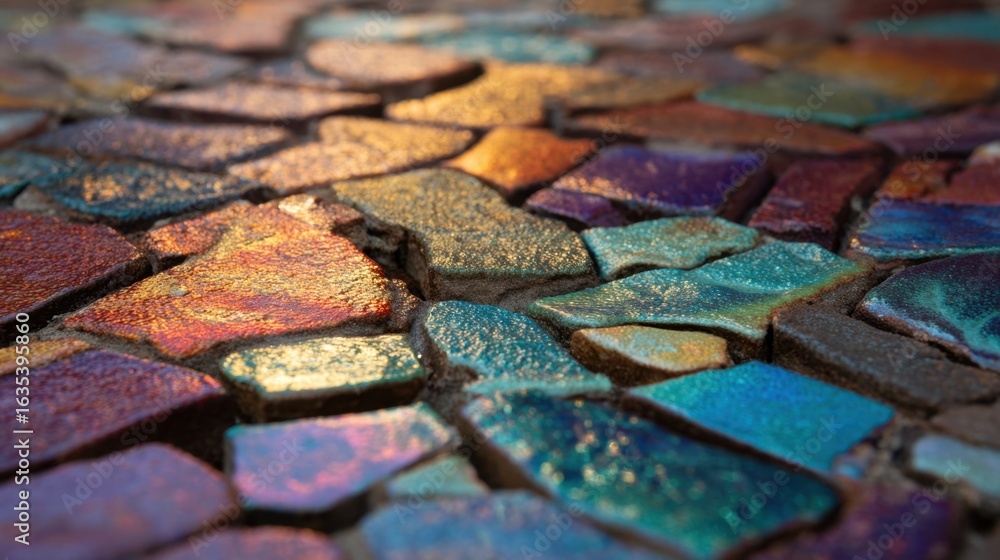 Poster colorful iridescent mosaic tile surface with glimmering texture in various shades creating a vibrant