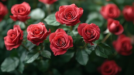 Obraz premium Beautiful Red Roses in Full Bloom Surrounded by Lush Green Leaves Capturing Elegance and Natural Beauty Perfect for Floral Arrangements and Decorations
