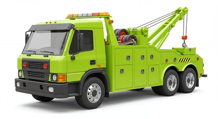 Lime green tow truck against white background