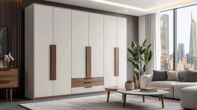 Modern Living Room with Stylish Wardrobe and City View