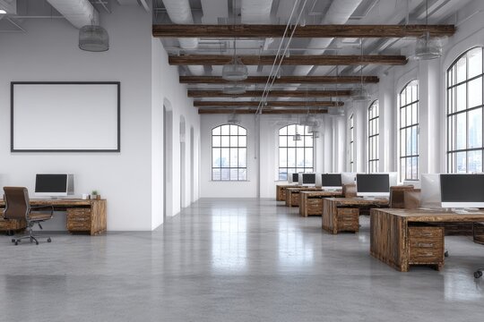 Modern, open-plan office space with exposed beams