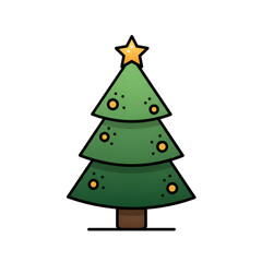 Christmas Tree Illustration with Green Leaves and Yellow Star Isolated
