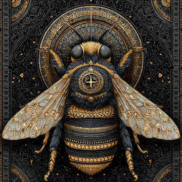 Bee Insect Art Abstract Design Black Gold Pattern Nature Wings Macro Texture Ornate Entomology Floral Geometry Vintage Biomimicry Illustration Biology Symbolism Portrait Naturalism Mystical Science