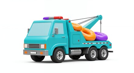 Teal tow truck with pool rings illustration