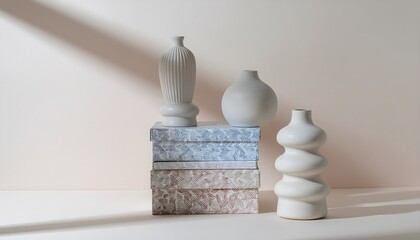 Contemporary still life featuring ribbed, speckled, and curvy white vases on patterned boxes.