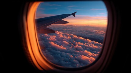 Airplane Window Sunset Clouds Flight View
