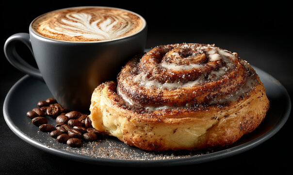 Elegant dessert and coffee pairing with cinnamon roll and latte in minimalist dark setting

