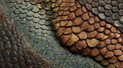 Naklejka premium Close-Up View of Natural Textured Scales with Rich Colors and Intricate Patterns on a Surface Capturing the Beauty of Wildlife Imagery