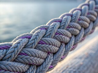 Fototapeta premium Thick braided rope with purple accents against a blurred background