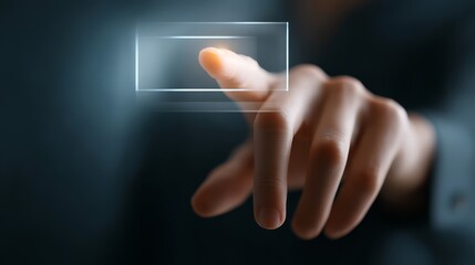 Futuristic digital interface with a human finger pressing glowing blue button on touch screen, representing modern technology and interactive innovation.