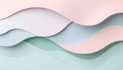 Fototapeta premium Minimalist Abstract Pastel Waves Background – Layered 3D Paper Cut Style in Soft Pink, Mint, and Blue Hues with Smooth Curves and Gentle Texture – Elegant Modern Backdrop for Design and Branding