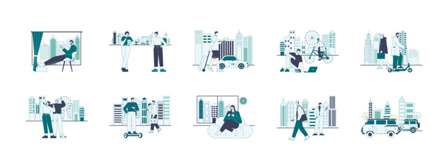 City life illustrations set. Flat vector illustration concept.