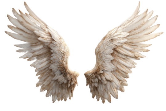 Pair of large, detailed angel wings.  Feathery, light beige wings, spread wide against a black background.  Texture and detail are evident