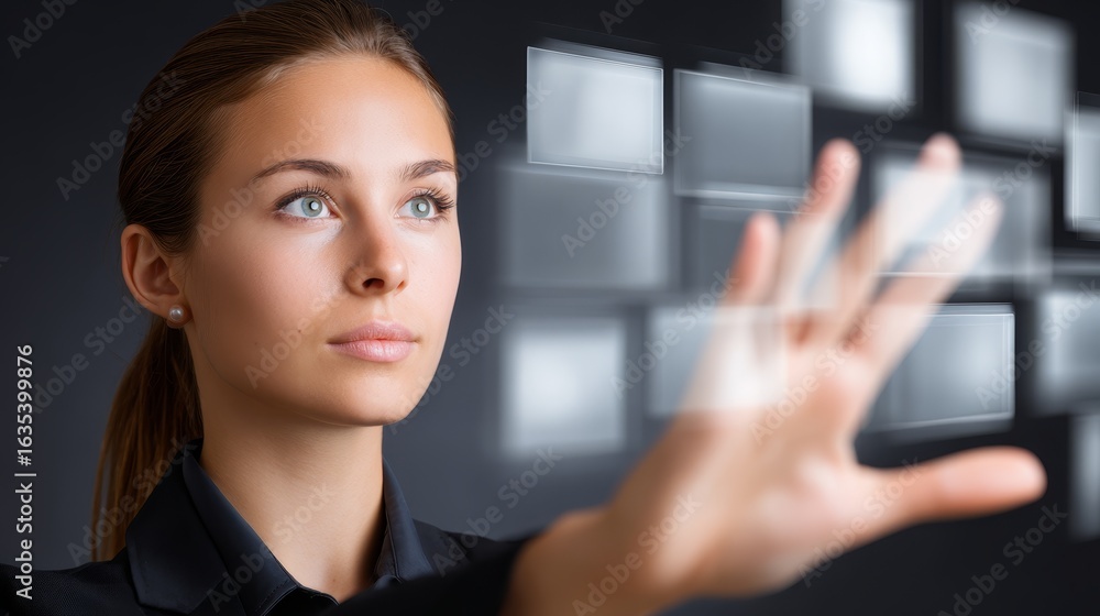 Poster a professional woman's hand touching large interactive touch screen, navigating futuristic digital i